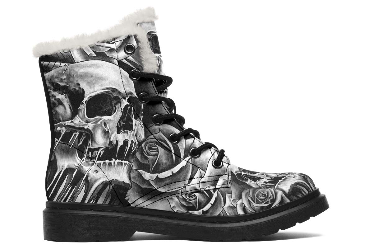 Grey Scary Skull Print Winter Fur Boot Stitch Sole 058-2 big size mans womans