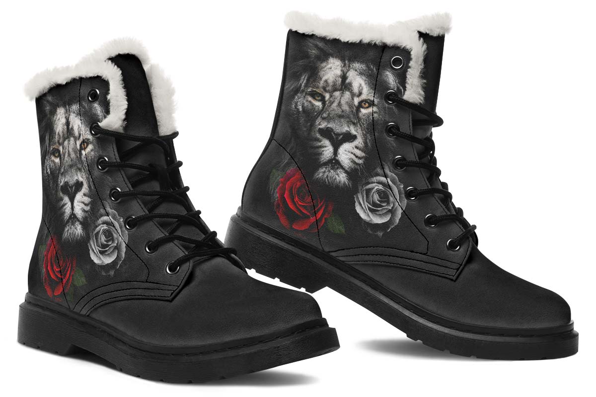 Lion And Roses Print Winter Fur Boot Stitch Sole 058-2 big size mans womans