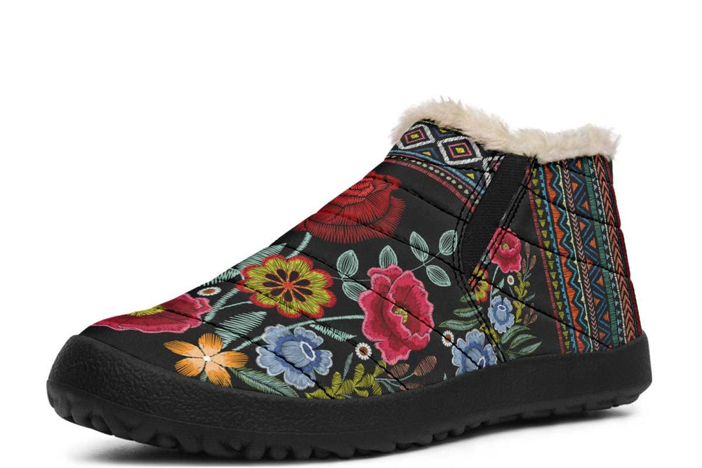 Stitch Boho Flower Print winter Fur Sneakers Soft 1929 black man woman