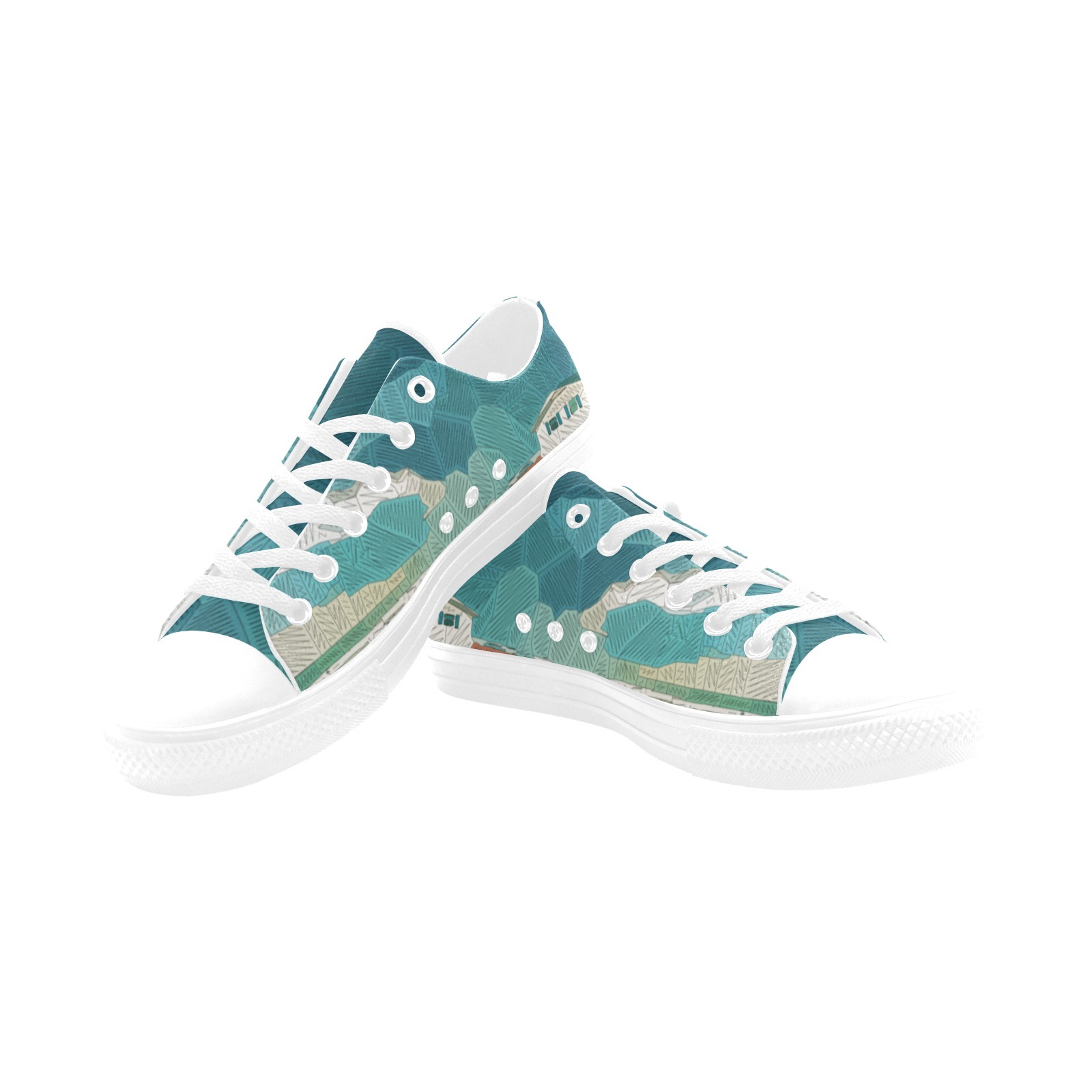 Abstract Freehand Painting Woods House in Print Sneakers Low Top 0180 white mans womans