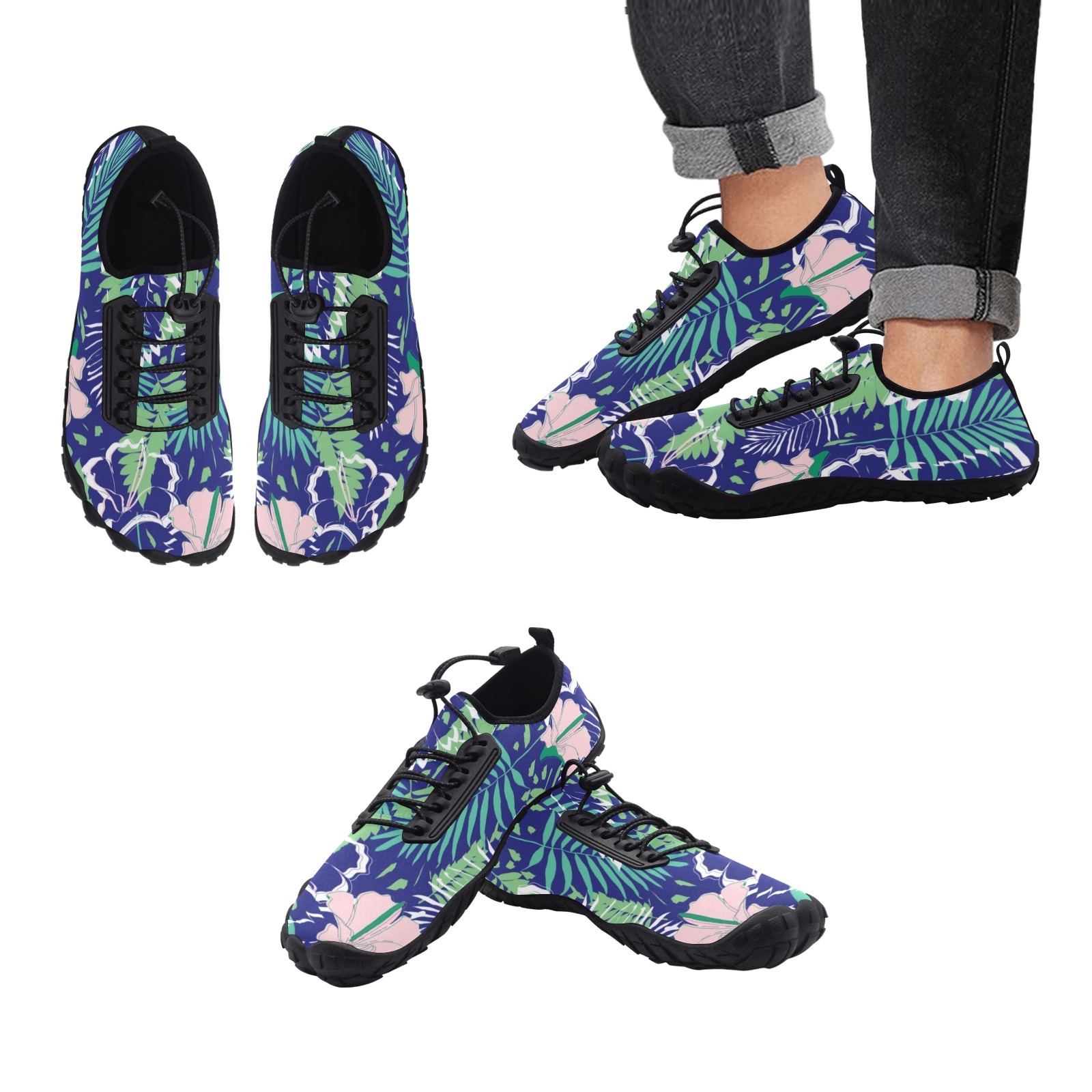 Tropics Equatorial Tree Leaf Green Print Neoprene SBR Jessy Aqua Shoe Lace Water Flow 21093 Black Big Size Man Woman