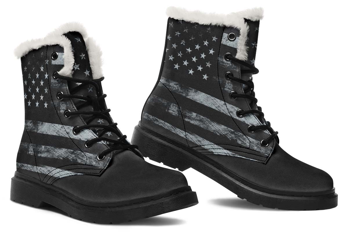 Black White Flag Print Winter Fur Boot Stitch Sole 058-2 big size mans womans