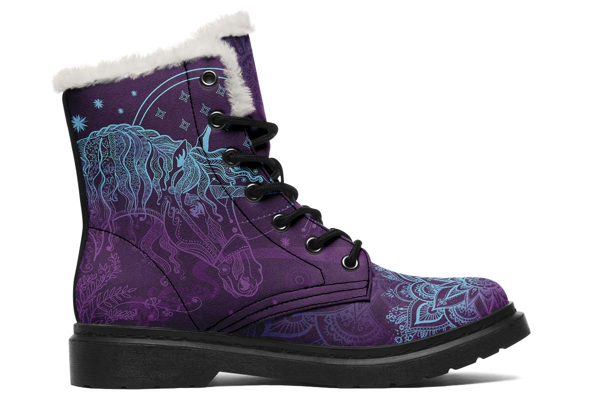 Purple Unicorn Print Winter Fur Boot Stitch Sole 058-2 big size mans womans