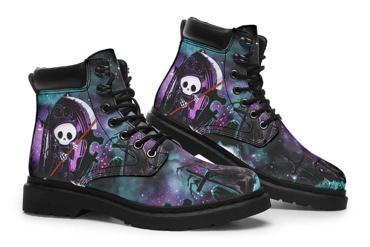 Purple Night Cartoon Reaper Print Suede Classic Ankle Boot Stitch Sole 058-1 big size mans womans