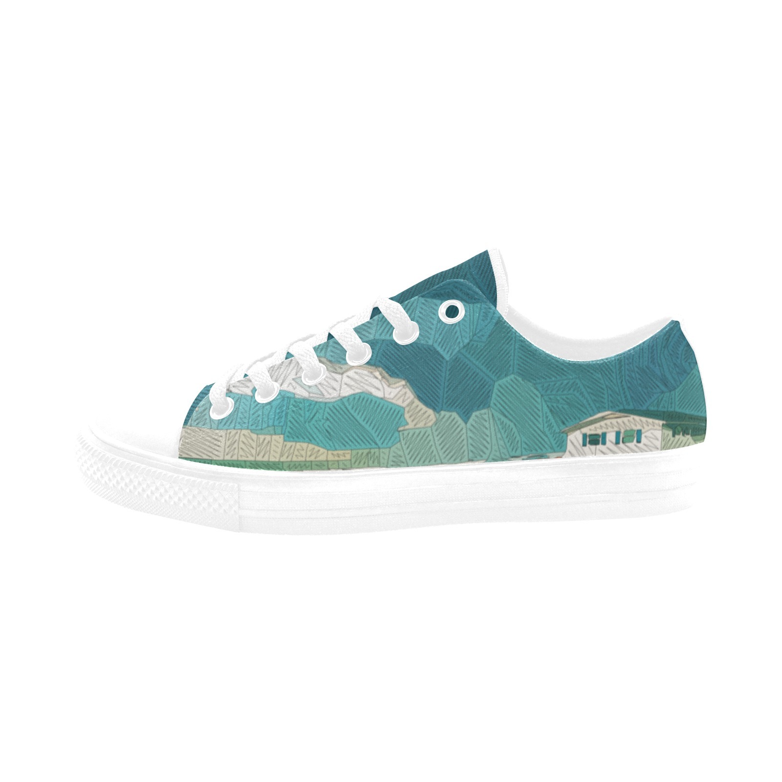 Abstract Freehand Painting Woods House in Print Sneakers Low Top 0180 white mans womans