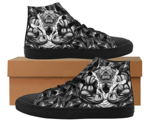 Muscular Angry Bull Cartoon Printed Hi Top Canvas Shoe 0170 Black Mans Womans