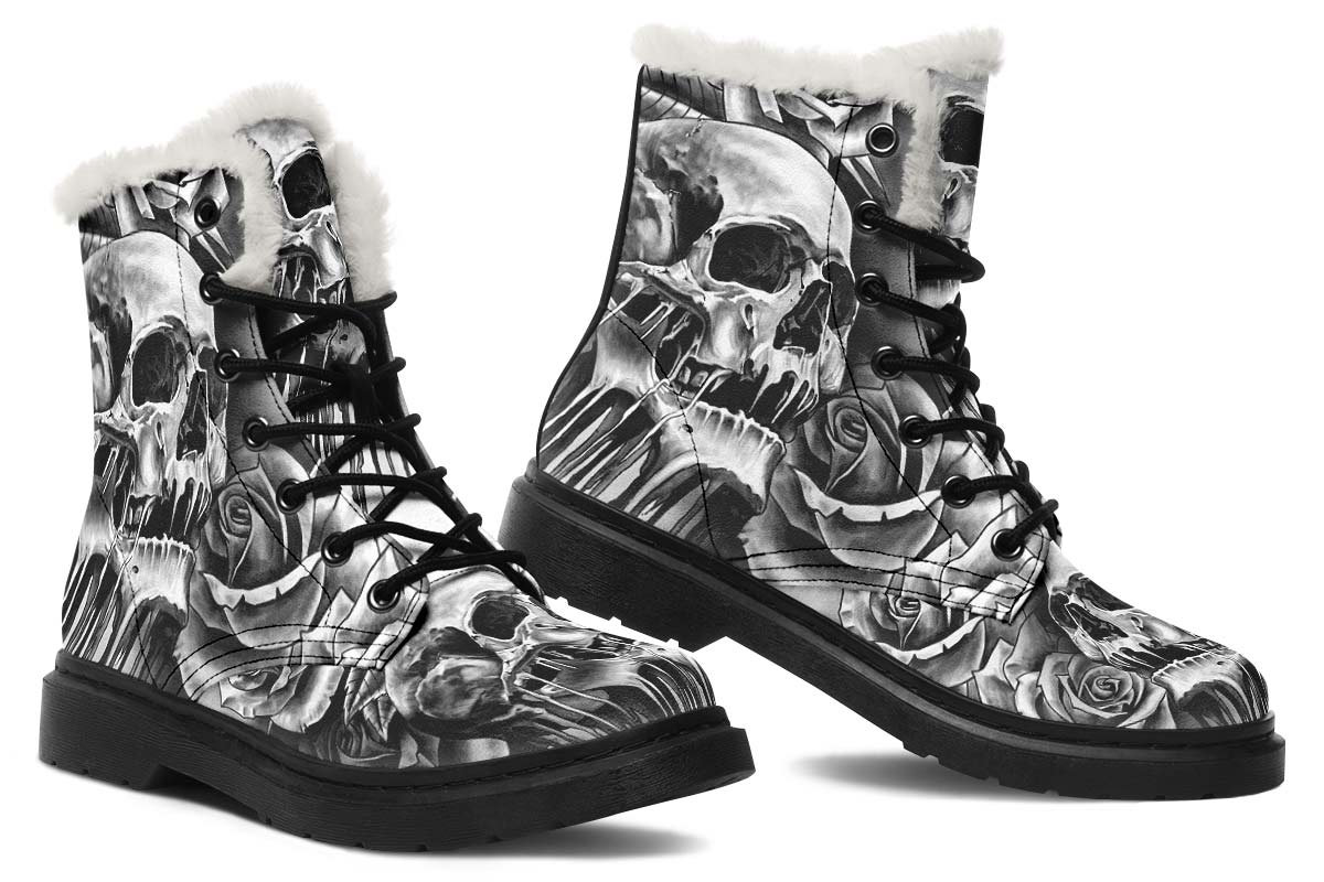 Grey Scary Skull Print Winter Fur Boot Stitch Sole 058-2 big size mans womans