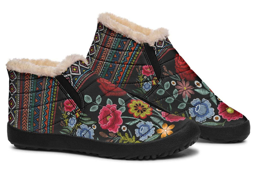 Stitch Boho Flower Print winter Fur Sneakers Soft 1929 black man woman