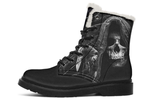 Black Grim Reaper Print Winter Fur Boot Stitch Sole 058-2 big size mans womans