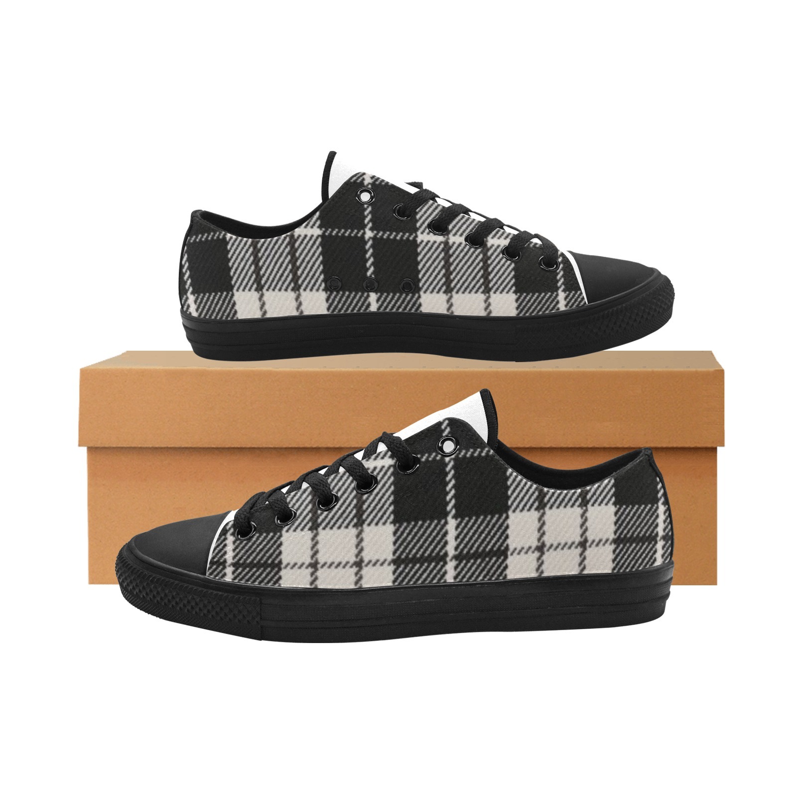 Charcoal Plaid Gingham Print Sneakers Low Top 0180 black mans womans