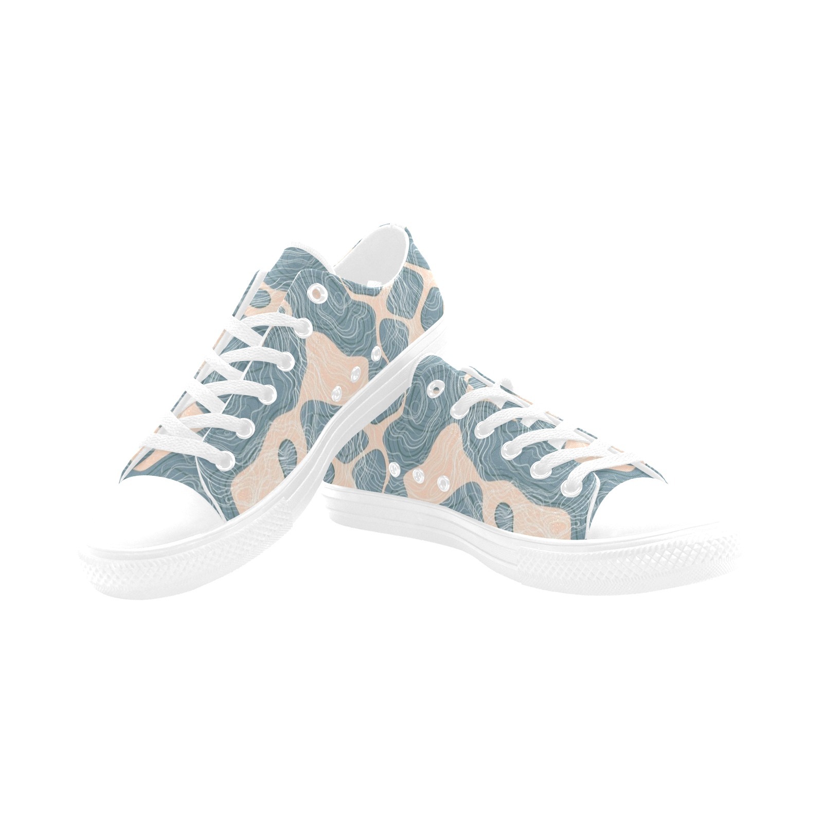 Contour Lines Lt.Green Water Color Print Sneakers Low Top 0180 white mans womans