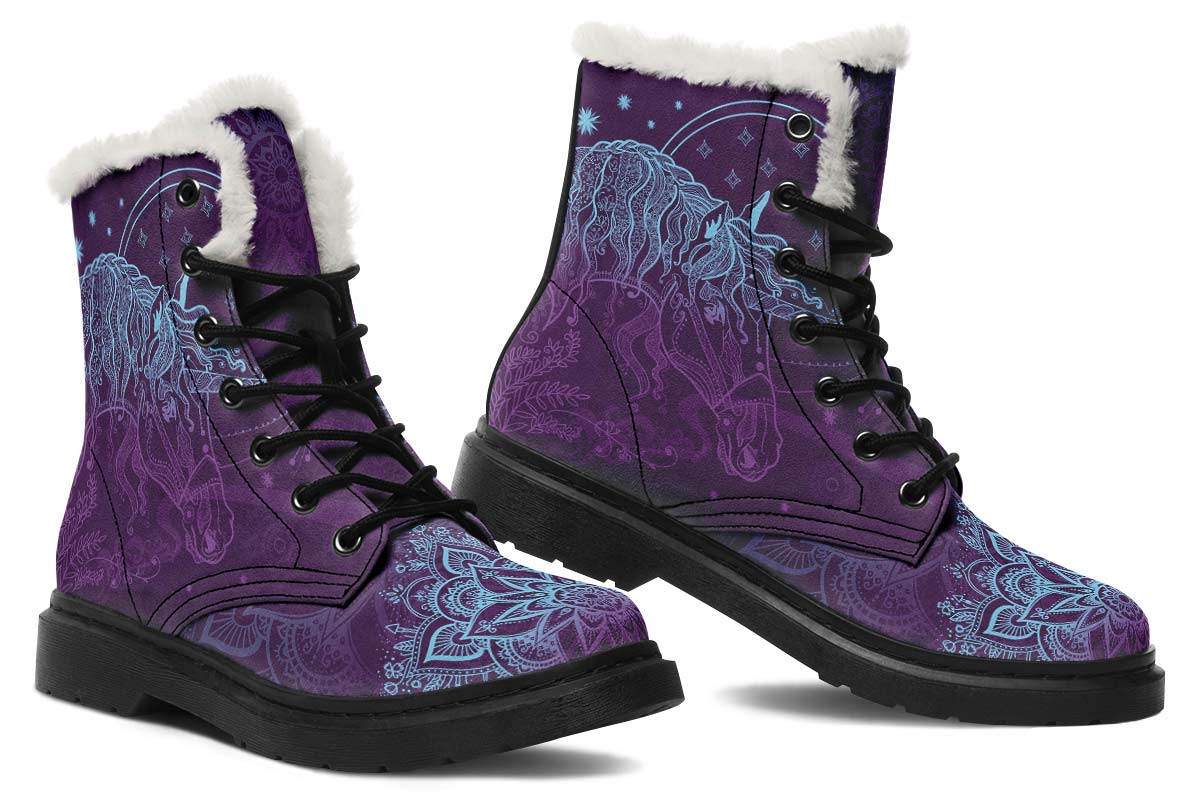 Purple Unicorn Print Winter Fur Boot Stitch Sole 058-2 big size mans womans