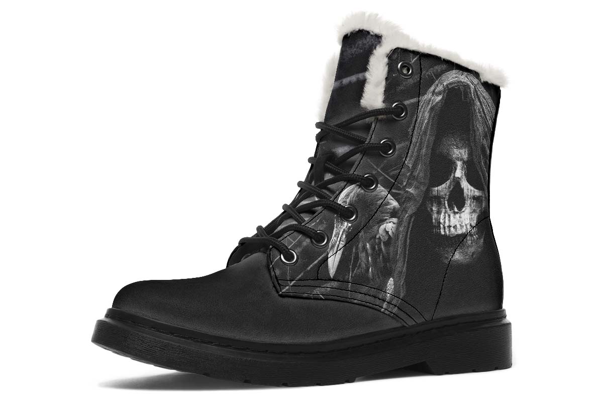 Black Grim Reaper Print Winter Fur Boot Stitch Sole 058-2 big size mans womans