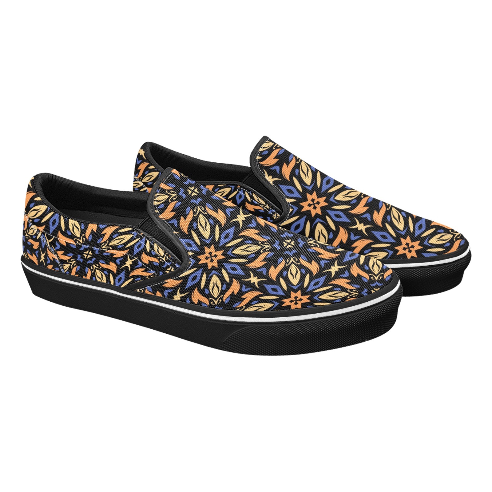 Euro Retro Flora Golden Yellow Print Canvas Slipon Shoe 0100 black man woman