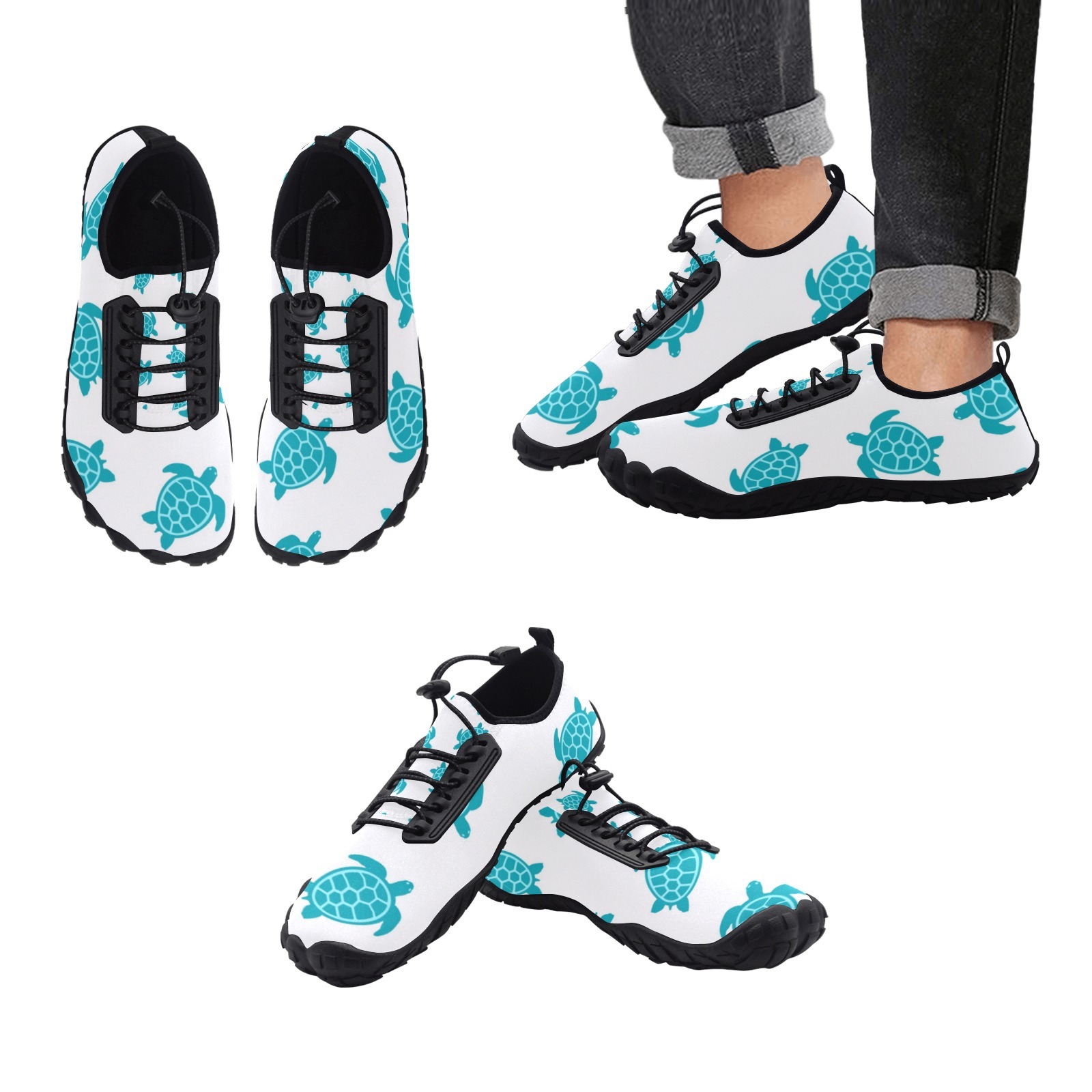 Sea Turtles Tortoies White Print Neoprene SBR Jessy Aqua Shoe Lace Water Flow 21093 black big size man woman