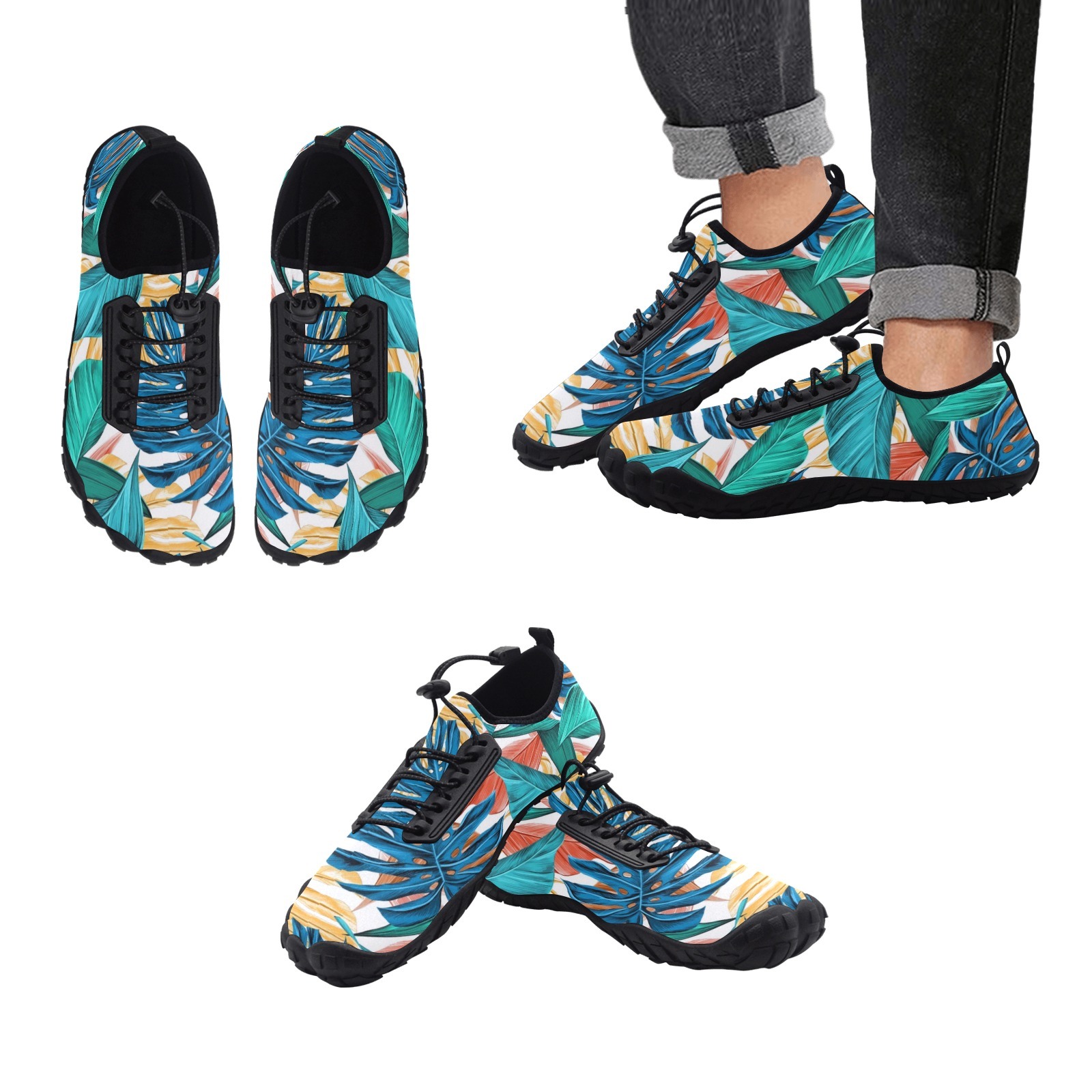 Tropics Equatorial Big Leaf Print Neoprene SBR Jessy Aqua Shoe Lace Water Flow 21093 Black Big Size Man Woman