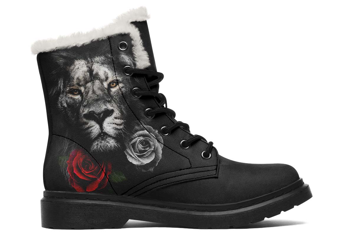 Lion And Roses Print Winter Fur Boot Stitch Sole 058-2 big size mans womans