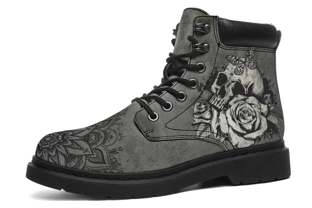 Grey Skull Rose Print Suede Classic Ankle Boot Stitch Sole 058-1 big size mans womans