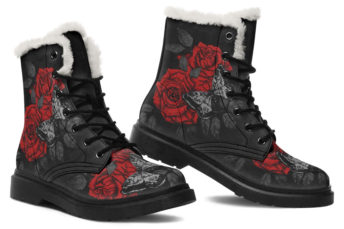 Tattoo Butterfly Red Rose Print Winter Fur Boot Stitch Sole 058-2 big size mans womans