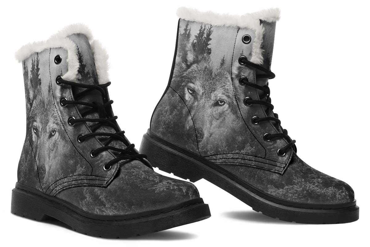 Wolf Fire Charcoal Print Winter Fur Boot Stitch Sole 058-2 big size mans womans