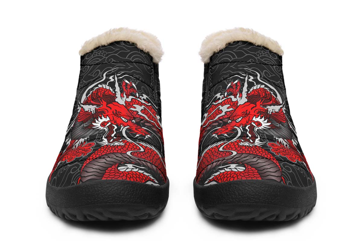 Red Japanese Dragon Print winter Fur Sneakers Soft 1929 black man woman