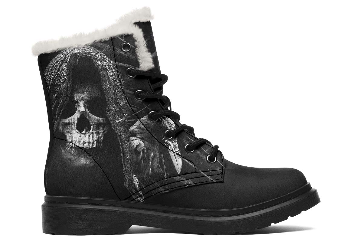 Black Grim Reaper Print Winter Fur Boot Stitch Sole 058-2 big size mans womans