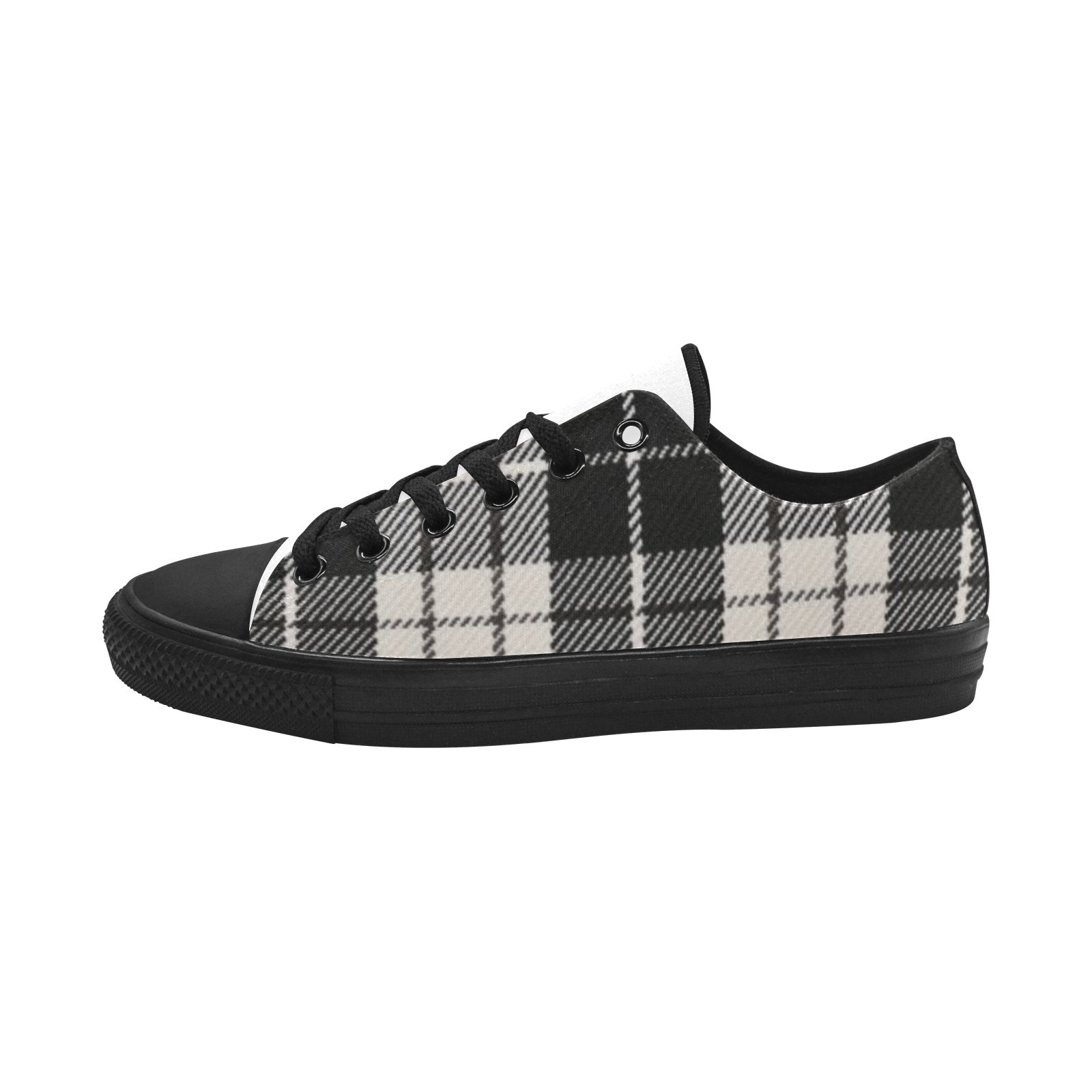 Charcoal Plaid Gingham Print Sneakers Low Top 0180 black mans womans