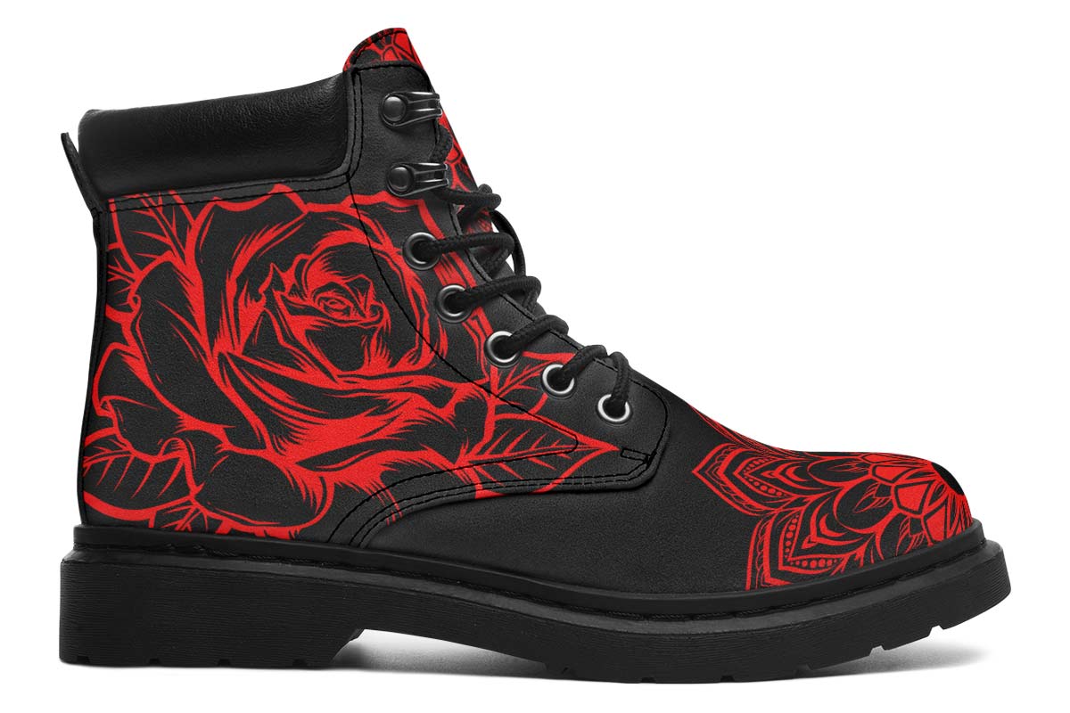 Red Rose Mandala Print Suede Classic Ankle Boot Stitch Sole 058-1 big size mans womans