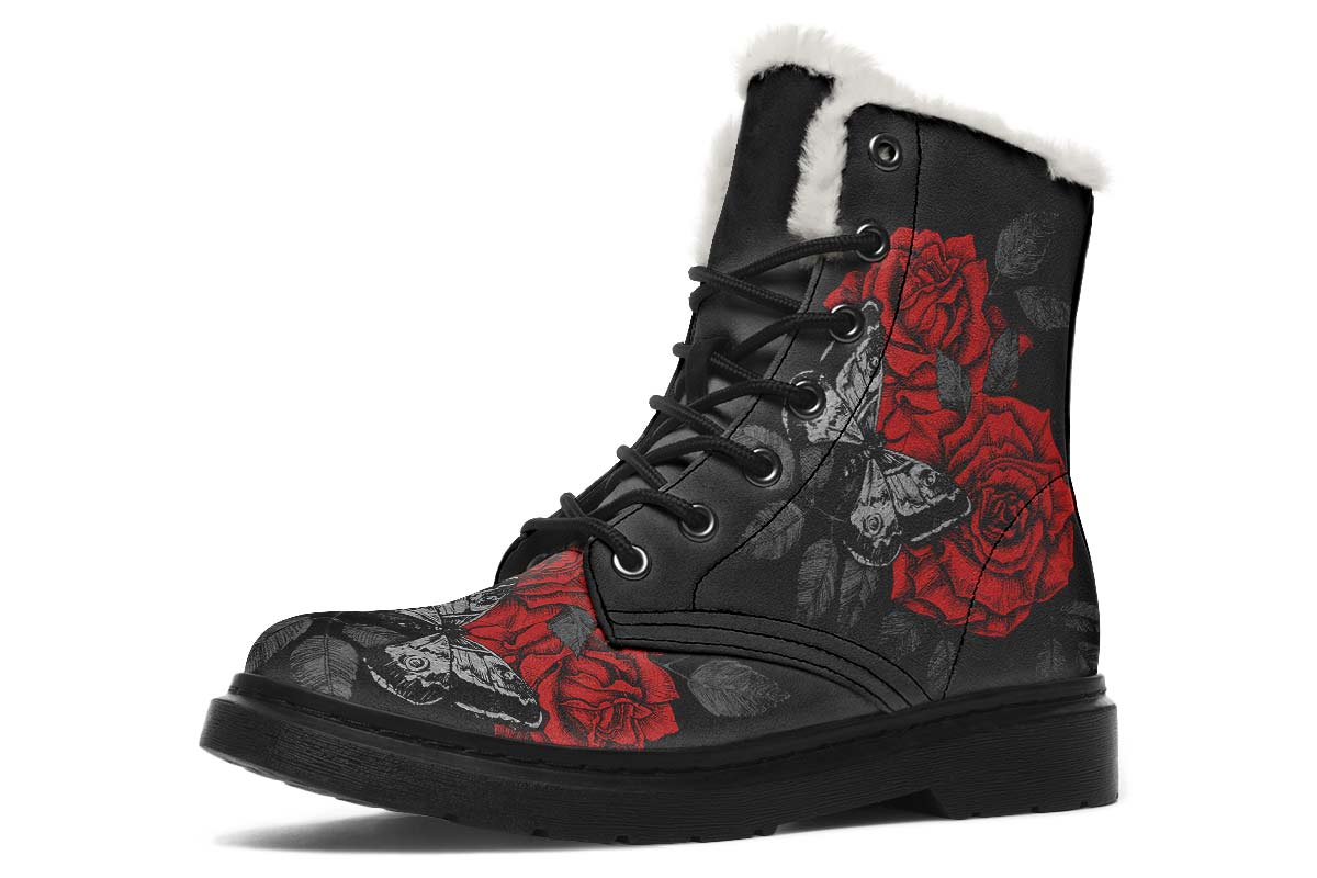 Tattoo Butterfly Red Rose Print Winter Fur Boot Stitch Sole 058-2 big size mans womans