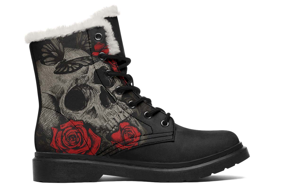 Tattoo Skull Print Winter Fur Boot Stitch Sole 058-2 big size mans womans