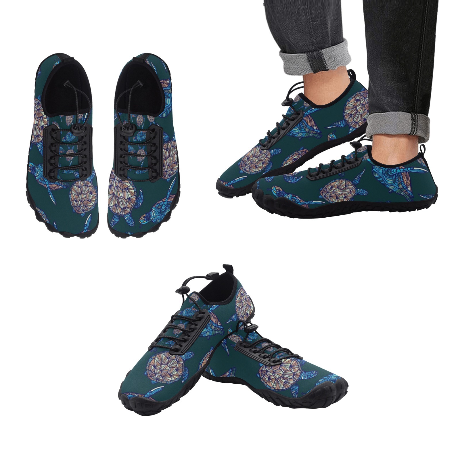 Sea Turtles Tortoies Green Print Neoprene SBR Jessy Aqua Shoe Lace Water Flow 21093 black big size man woman