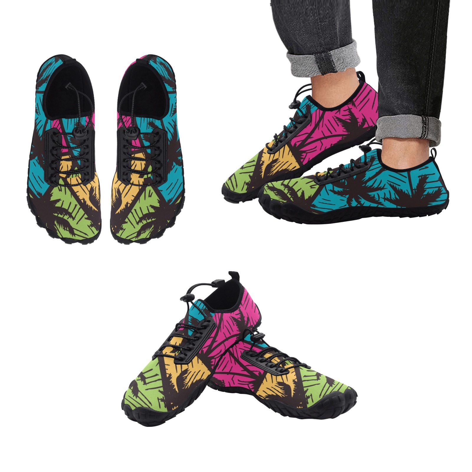 Tropics Equatorial Coconut Tree Multi Color Print Neoprene SBR Jessy Aqua Shoe Lace Water Flow 21093 Black Big Size Man Woman