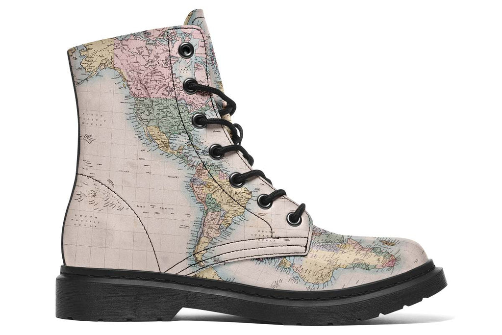 Vintage Geography Globe Print Soft PU Boot Stitch Sole 058-3 big size mans womans