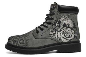 Grey Skull Rose Print Suede Classic Ankle Boot Stitch Sole 058-1 big size mans womans