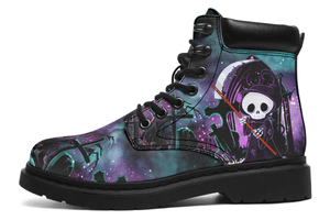 Purple Night Cartoon Reaper Print Suede Classic Ankle Boot Stitch Sole 058-1 big size mans womans