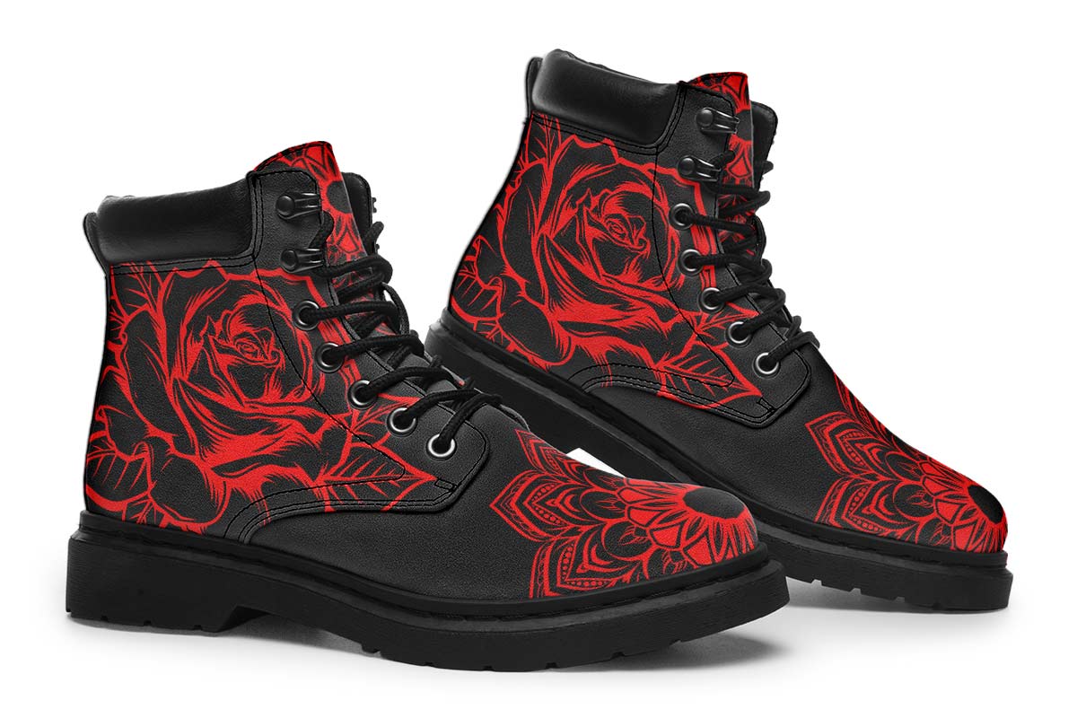 Red Rose Mandala Print Suede Classic Ankle Boot Stitch Sole 058-1 big size mans womans