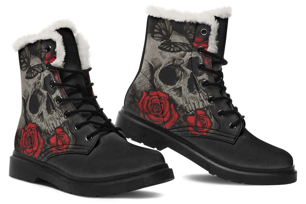 Tattoo Skull Print Winter Fur Boot Stitch Sole 058-2 big size mans womans