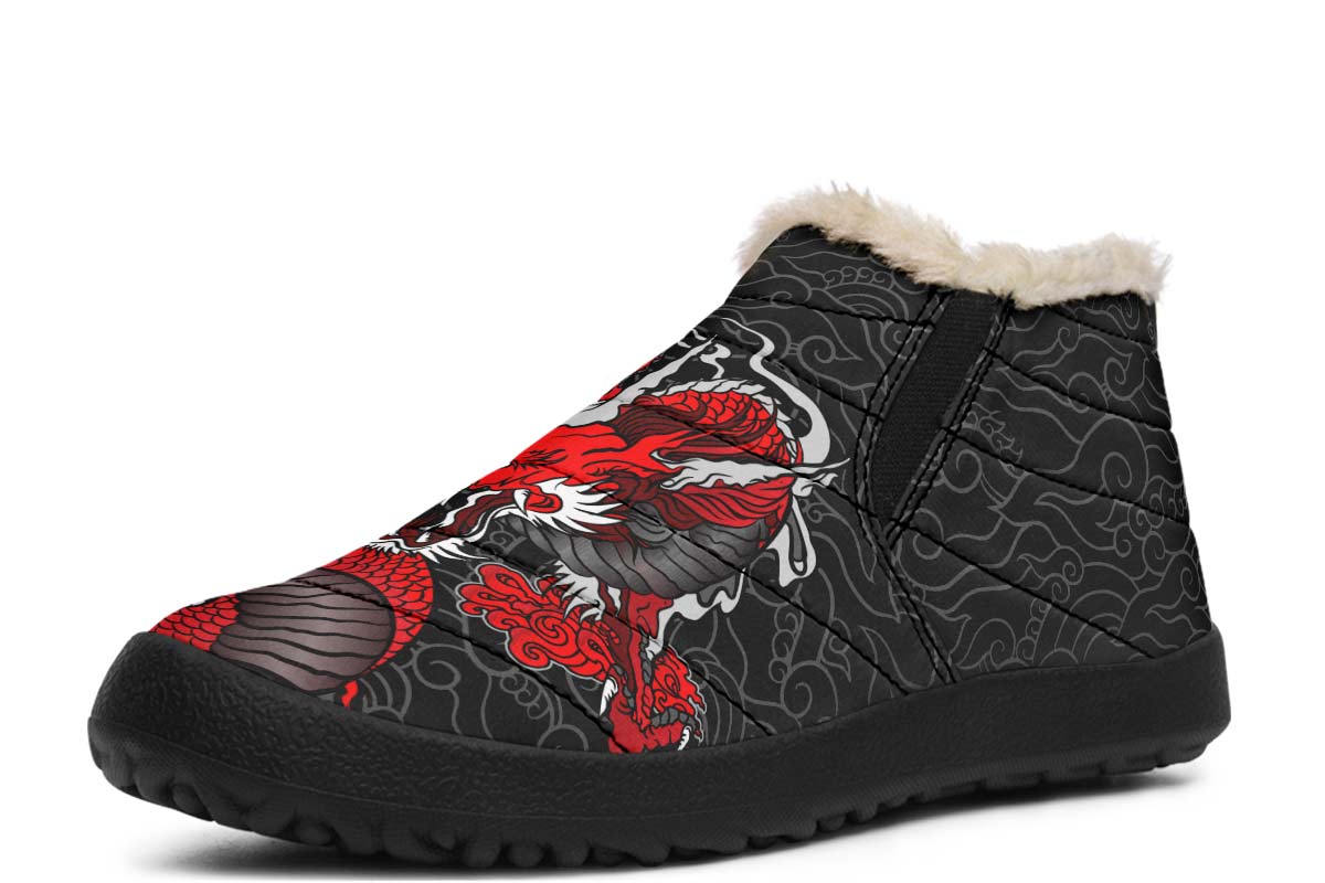 Red Japanese Dragon Print winter Fur Sneakers Soft 1929 black man woman