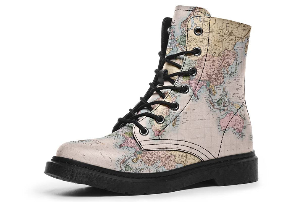 Vintage Geography Globe Print Soft PU Boot Stitch Sole 058-3 big size mans womans