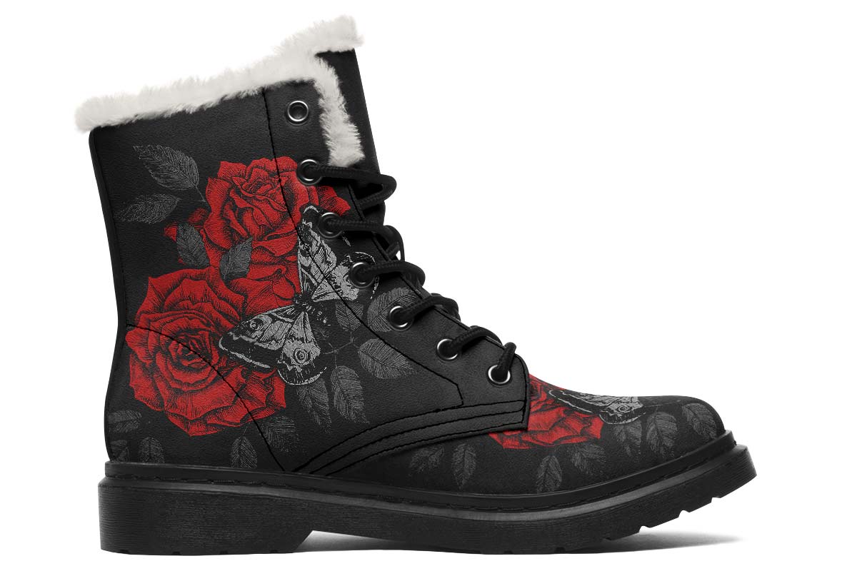 Tattoo Butterfly Red Rose Print Winter Fur Boot Stitch Sole 058-2 big size mans womans