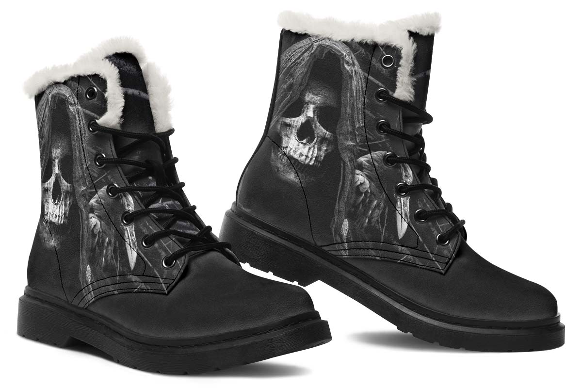 Black Grim Reaper Print Winter Fur Boot Stitch Sole 058-2 big size mans womans