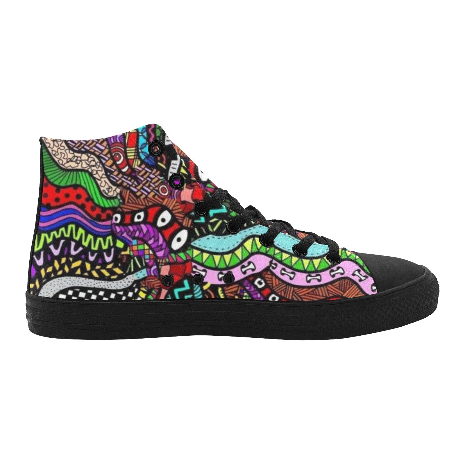 Grafitti Bones Stripes Snakes Printing Canvas Shoe Hi Top 0170 Black Mans Womans