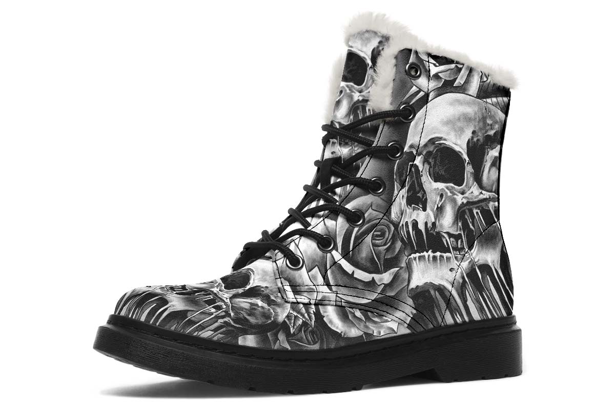 Grey Scary Skull Print Winter Fur Boot Stitch Sole 058-2 big size mans womans