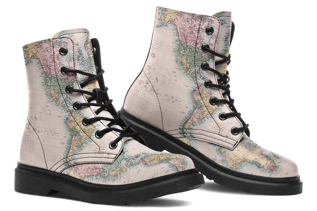 Vintage Geography Globe Print Soft PU Boot Stitch Sole 058-3 big size mans womans