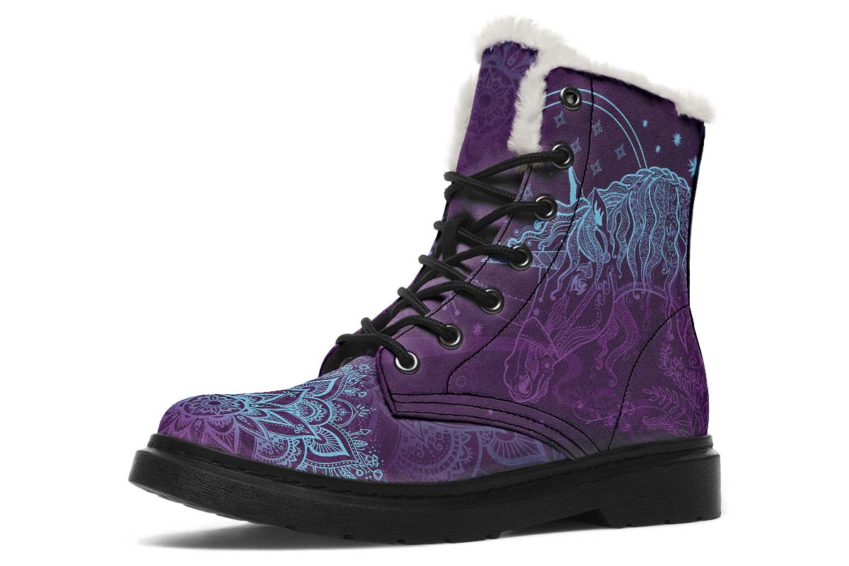 Purple Unicorn Print Winter Fur Boot Stitch Sole 058-2 big size mans womans