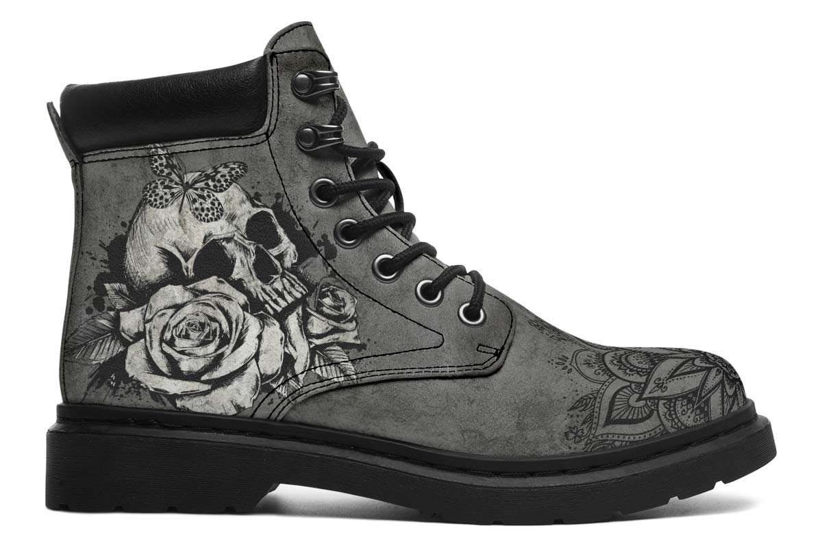 Grey Skull Rose Print Suede Classic Ankle Boot Stitch Sole 058-1 big size mans womans