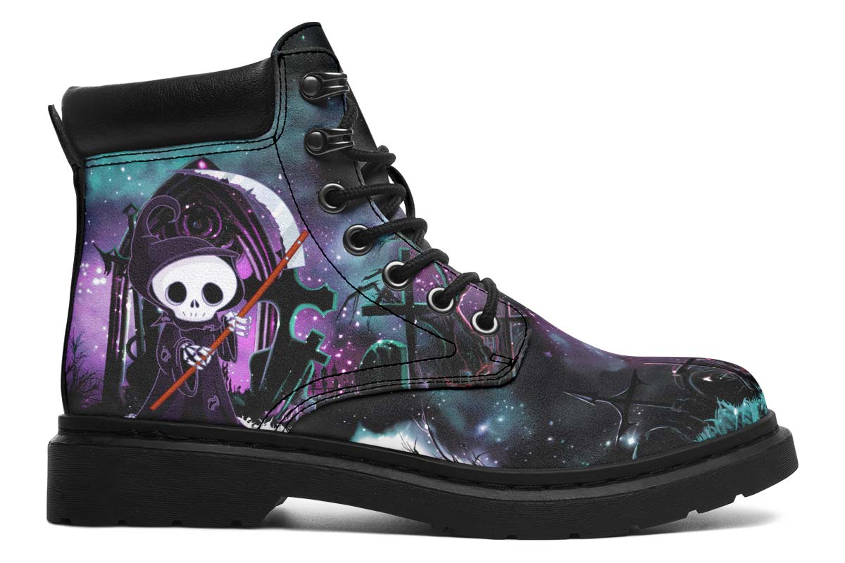 Purple Night Cartoon Reaper Print Suede Classic Ankle Boot Stitch Sole 058-1 big size mans womans