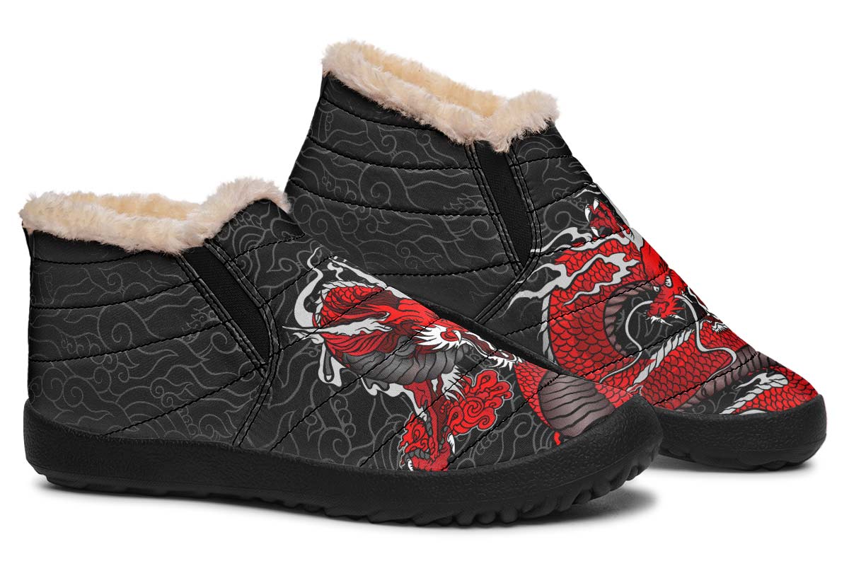 Red Japanese Dragon Print winter Fur Sneakers Soft 1929 black man woman